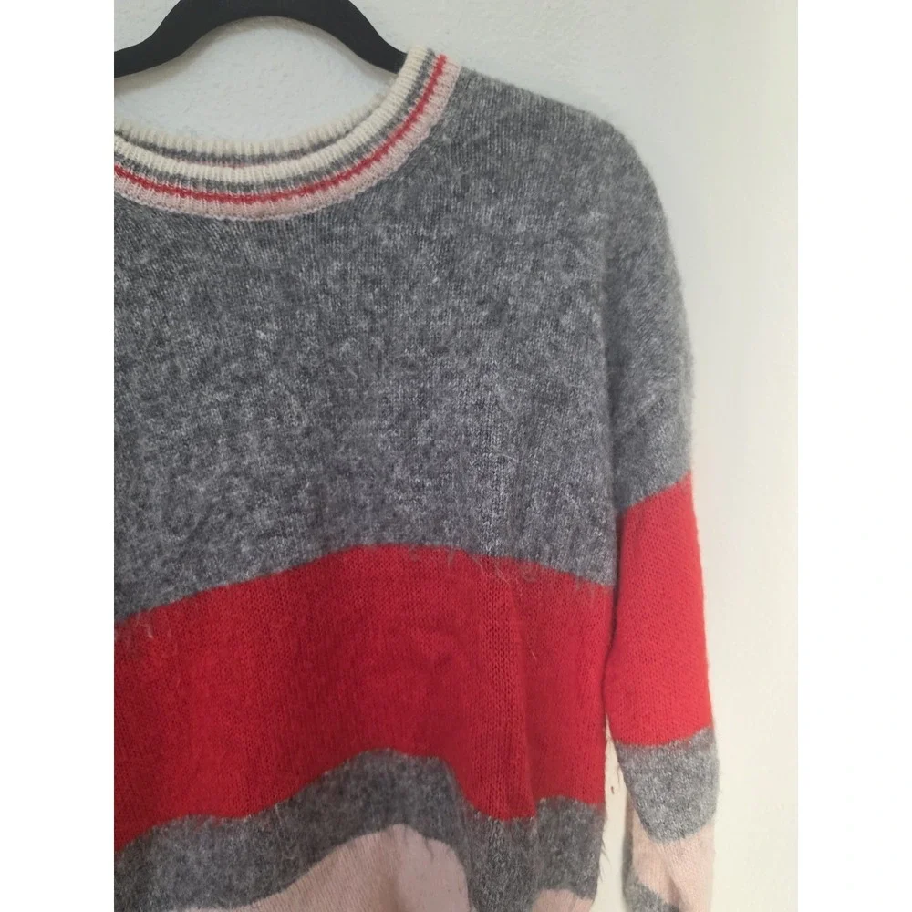 & Other Stories Striped Pullover Sweater M Grey Red Pink Crew Neck Wool